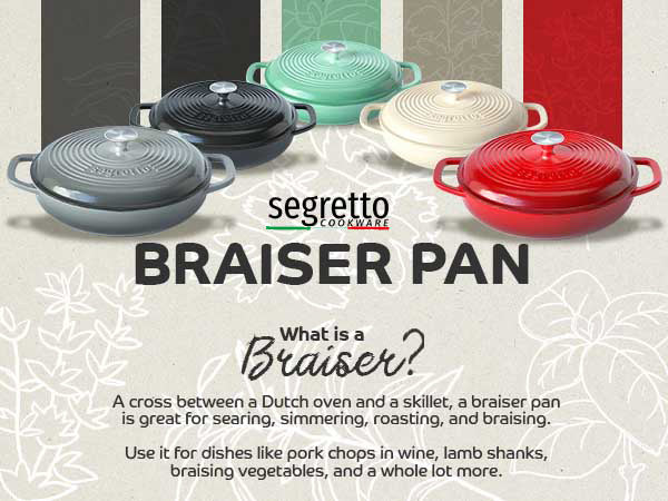 Segretto Cookware 3.6 QT Braiser Enameled Cast Iron Casserole Pan With  Cover, Nero (Black) Cast Iron