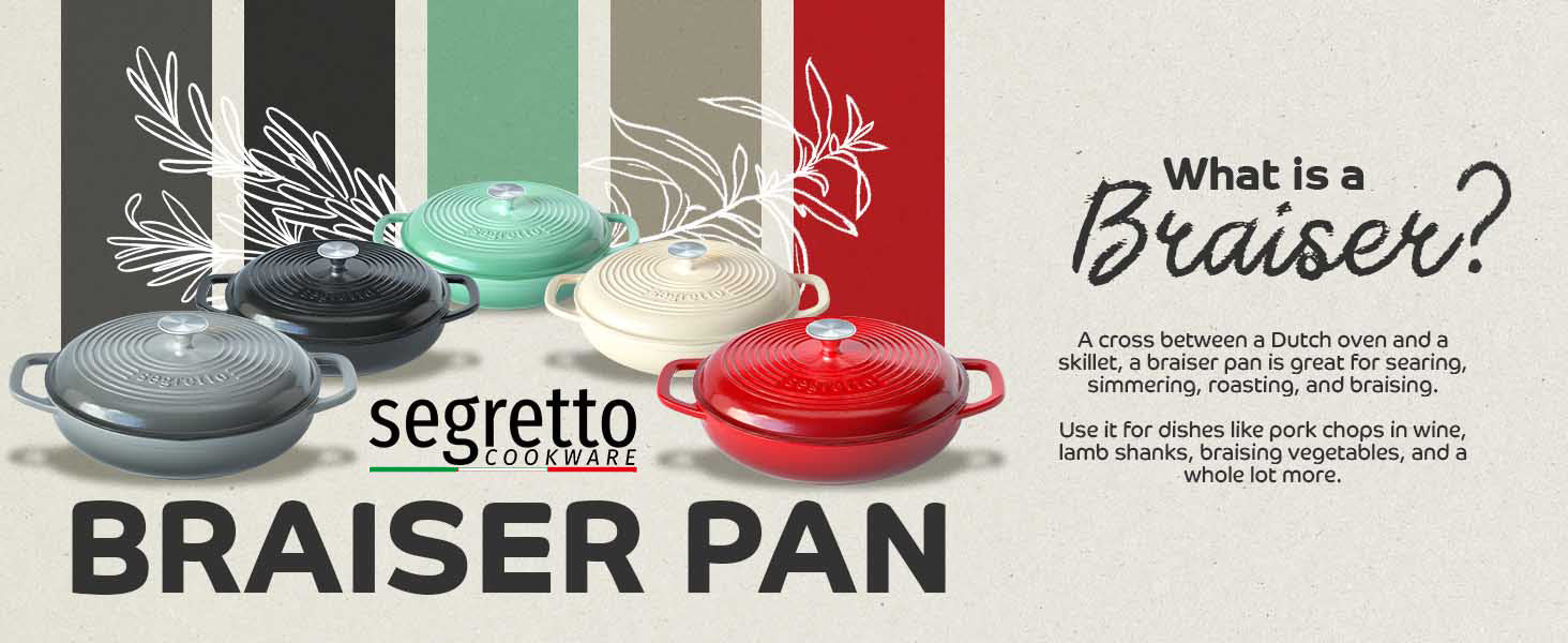  Segretto Cookware 3.6 QT Braiser Enameled Cast Iron Casserole  Pan With Cover, Nero (Black) Cast Iron Braiser Pan With Lid, Lasagna Pan  Enamel Cast Iron Cookware