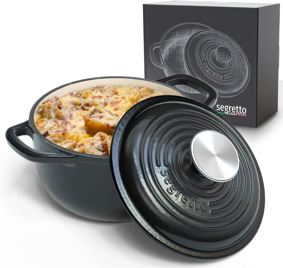 Segretto Cookware Enameled Oval Cast Iron Dutch Oven with Handle, 7 Quarts,  Nero (Black), 7qt Dutch Oven Cast Iron Pot with Lid | Enamel Dutch Oven