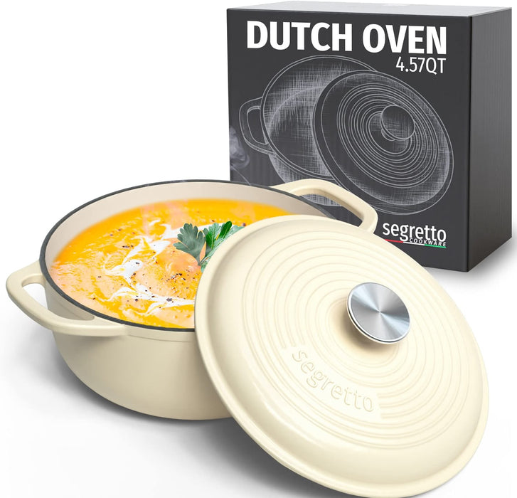 Segretto Cookware Enameled Dutch Oven |  4.57 Quarts | Bianco Perla (Off-White)