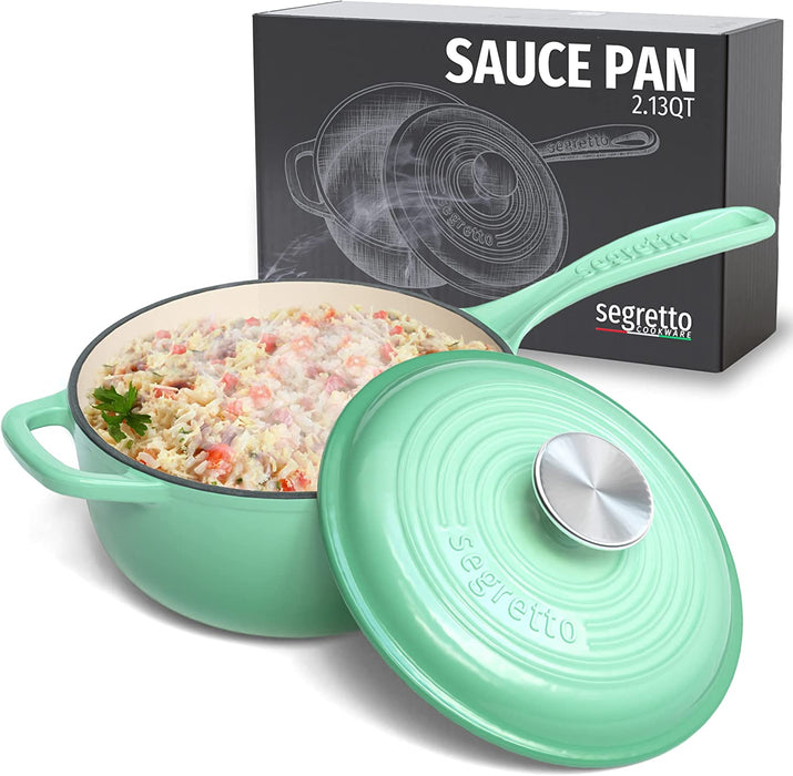 Segretto Cookware Mini Cast Iron Saucepan | 2.13 Quarts | Verde Chiaro (Gradient Green)