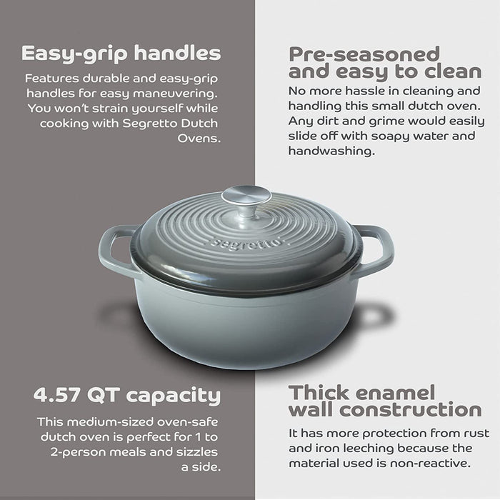 Segretto Cookware Enameled Dutch Oven |  4.57 Quarts | Grigio Scuro  (Gradient Gray)