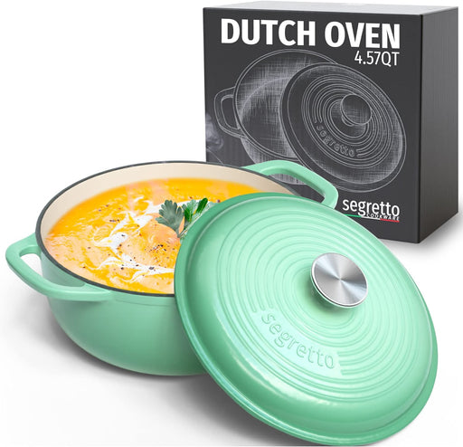 Segretto Cookware Enamel Dutch Oven Cast Iron with Handle Verde Chiaro  (Light Green) 1.7 Quarts Enameled Cast Iron Dutch Oven with Lid Oven  Cookware