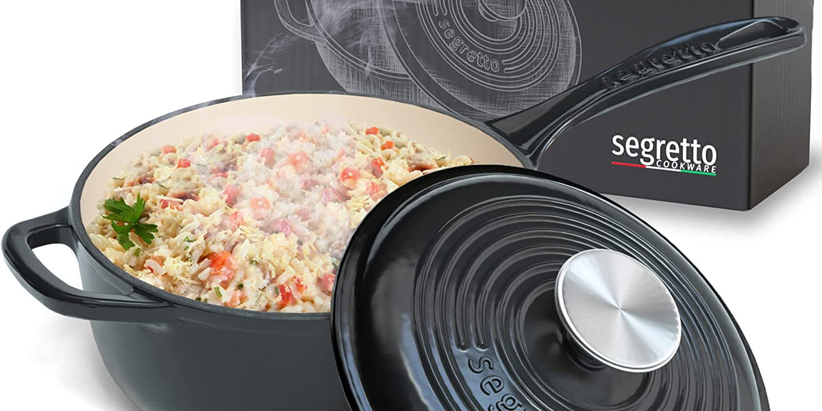 Segretto Cookware 3.6 QT Braiser Enameled Cast Iron Casserole Pan With Cover,  Nero (Black) Cast Iron