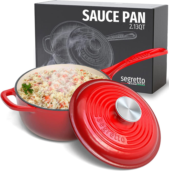 Segretto Cookware Mini Cast Iron Saucepan | 2.13 Quarts | Rosso (Red)