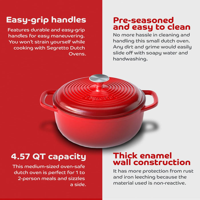 Segretto Cookware Enameled Dutch Oven |  4.57 Quarts | Rosso (Red)