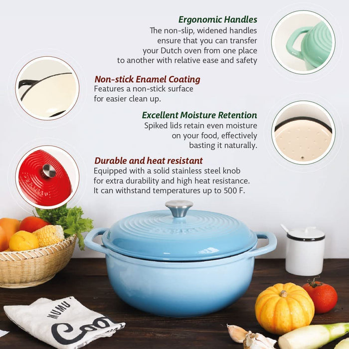 Segretto Cookware Enameled Dutch Oven | 6 Quarts | Acqua Azzura (Gradient Blue)