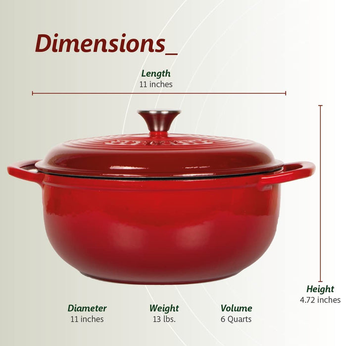 Cast Iron Dutch Oven Cooking Pot w Lid Kitchen Ware Broiling Large Enameled  Red